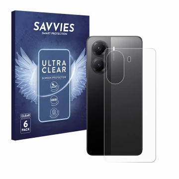 Vorderseite einer Produktverpackung mit dem Markenlogo Savvies. Daneben ist das Gerät Xiaomi Poco X7 Pro (Rückseite) mit dem z