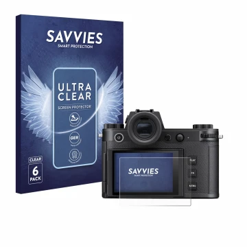 Vorderseite einer Produktverpackung mit dem Markenlogo Savvies. Daneben ist das Gerät Leica SL3-S mit dem zugehörigen Displays