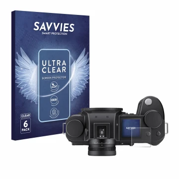 Vorderseite einer Produktverpackung mit dem Markenlogo Savvies. Daneben ist das Gerät Leica SL3-S (Schulterdisplay) mit dem zu
