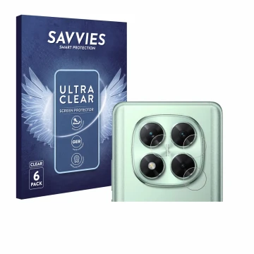 Vorderseite einer Produktverpackung mit dem Markenlogo Savvies. Daneben ist das Gerät Xiaomi Poco X7 (NUR Kamera) mit dem zuge