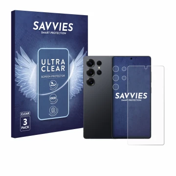 Vorderseite einer Produktverpackung mit dem Markenlogo Savvies. Daneben ist das Gerät Samsung Galaxy S25 Ultra (Display+Kamera