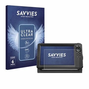 Vorderseite einer Produktverpackung mit dem Markenlogo Savvies. Daneben ist das Gerät Lowrance Eagle 9 mit dem zugehörigen Dis