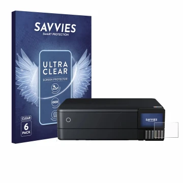 Vorderseite einer Produktverpackung mit dem Markenlogo Savvies. Daneben ist das Gerät Epson EcoTank ET-8550 mit dem zugehörige