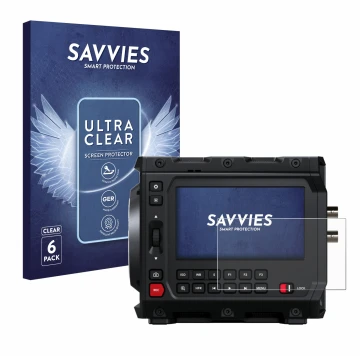 Vorderseite einer Produktverpackung mit dem Markenlogo Savvies. Daneben ist das Gerät Blackmagic Design Pyxis 6K 4