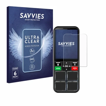 Vorderseite einer Produktverpackung mit dem Markenlogo Savvies. Daneben ist das Gerät Geemarc CL8000 mit dem zugehörigen Displ