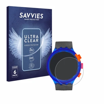 Vorderseite einer Produktverpackung mit dem Markenlogo Savvies. Daneben ist das Gerät Swatch Neon Party mit dem zugehörigen Di