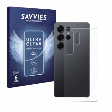 Vorderseite einer Produktverpackung mit dem Markenlogo Savvies. Daneben ist das Gerät Samsung Galaxy S25 Ultra Enterprise Edit