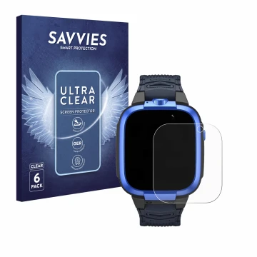 Vorderseite einer Produktverpackung mit dem Markenlogo Savvies. Daneben ist das Gerät Xiaomi Mibro Kids Z3 mit dem zugehörigen