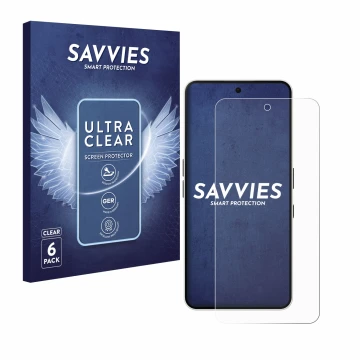 Vorderseite einer Produktverpackung mit dem Markenlogo Savvies. Daneben ist das Gerät Nothing Phone (3a) mit dem zugehörigen D