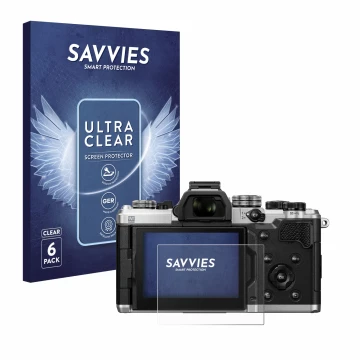 Vorderseite einer Produktverpackung mit dem Markenlogo Savvies. Daneben ist das Gerät OM System OM-3 mit dem zugehörigen Displ