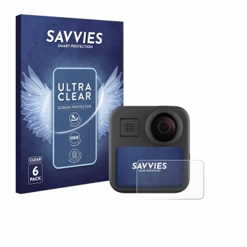 Vorderseite einer Produktverpackung mit dem Markenlogo Savvies. Daneben ist das Gerät GoPro Max (2025) mit dem zugehörigen Dis
