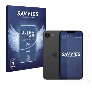 Vorderseite einer Produktverpackung mit dem Markenlogo Savvies. Daneben ist das Gerät Apple iPhone 16e (Display+Kamera) mit de