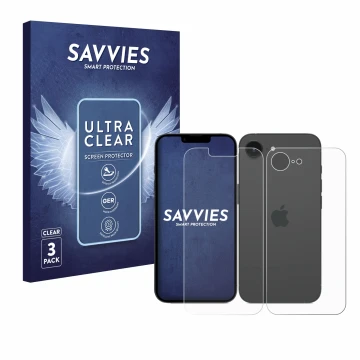 Vorderseite einer Produktverpackung mit dem Markenlogo Savvies. Daneben ist das Gerät Apple iPhone 16e (Display+Rückseite) mit