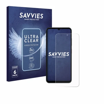 Vorderseite einer Produktverpackung mit dem Markenlogo Savvies. Daneben ist das Gerät ZTE Blade A55 mit dem zugehörigen Displa