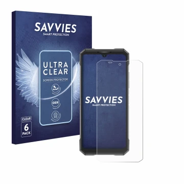 Vorderseite einer Produktverpackung mit dem Markenlogo Savvies. Daneben ist das Gerät Doogee S200X mit dem zugehörigen Display