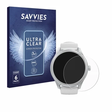 Vorderseite einer Produktverpackung mit dem Markenlogo Savvies. Daneben ist das Gerät Hama Smartwatch 5010 mit dem zugehörigen