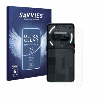 Vorderseite einer Produktverpackung mit dem Markenlogo Savvies. Daneben ist das Gerät Nothing Phone (3a) (Rückseite) mit dem z