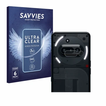 Vorderseite einer Produktverpackung mit dem Markenlogo Savvies. Daneben ist das Gerät Nothing Phone (3a) (NUR Kameraschutz) mi