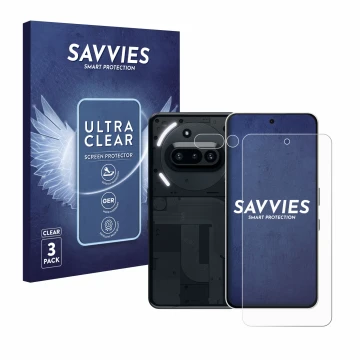 Vorderseite einer Produktverpackung mit dem Markenlogo Savvies. Daneben ist das Gerät Nothing Phone (3a) (Display+Kamera) mit 