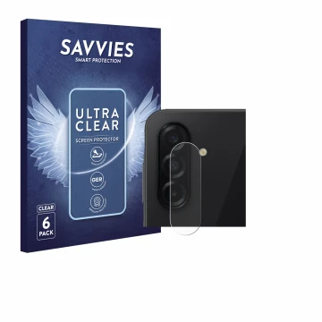 Vorderseite einer Produktverpackung mit dem Markenlogo Savvies. Daneben ist das Gerät Samsung Galaxy A26 5G (NUR Kameraschutz)