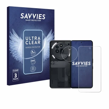 Vorderseite einer Produktverpackung mit dem Markenlogo Savvies. Daneben ist das Gerät Nothing Phone (3a) Pro (Display+Kamera) 