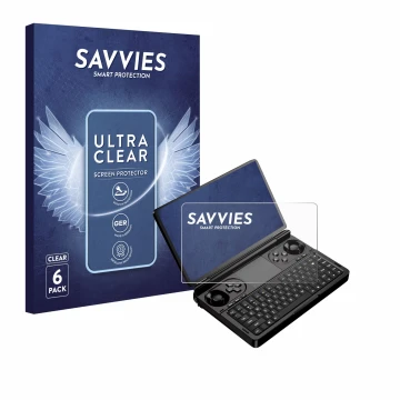 Vorderseite einer Produktverpackung mit dem Markenlogo Savvies. Daneben ist das Gerät GPD Win Mini (2025) mit dem zugehörigen 