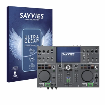 Vorderseite einer Produktverpackung mit dem Markenlogo Savvies. Daneben ist das Gerät Denon DJ Prime Go+ mit dem zugehörigen D