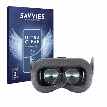 Vorderseite einer Produktverpackung mit dem Markenlogo Savvies. Daneben ist das Gerät Valve Index VR-Headset mit dem zugehörig