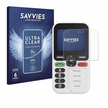 Vorderseite einer Produktverpackung mit dem Markenlogo Savvies. Daneben ist das Gerät Doro Leva X10 mit dem zugehörigen Displa