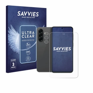 Vorderseite einer Produktverpackung mit dem Markenlogo Savvies. Daneben ist das Gerät Samsung Galaxy A56 5G Enterprise Edition