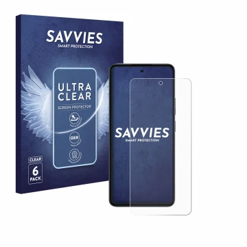 Vorderseite einer Produktverpackung mit dem Markenlogo Savvies. Daneben ist das Gerät realme 14 mit dem zugehörigen Displaysch