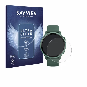 Vorderseite einer Produktverpackung mit dem Markenlogo Savvies. Daneben ist das Gerät Garmin vivoactive 6 mit dem zugehörigen 
