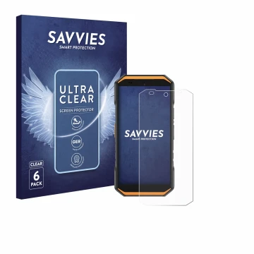 Vorderseite einer Produktverpackung mit dem Markenlogo Savvies. Daneben ist das Gerät Ulefone Armor X32 mit dem zugehörigen Di