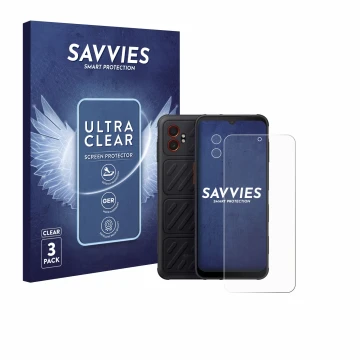 Vorderseite einer Produktverpackung mit dem Markenlogo Savvies. Daneben ist das Gerät Samsung Galaxy XCover 7 Pro (Display+Kam