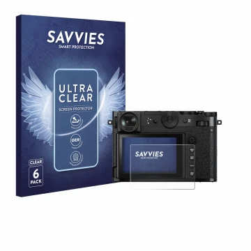 Vorderseite einer Produktverpackung mit dem Markenlogo Savvies. Daneben ist das Gerät Fujifilm GFX 100RF mit dem zugehörigen D