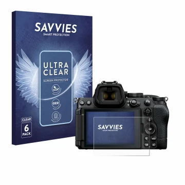 Vorderseite einer Produktverpackung mit dem Markenlogo Savvies. Daneben ist das Gerät Nikon Z5 II mit dem zugehörigen Displays