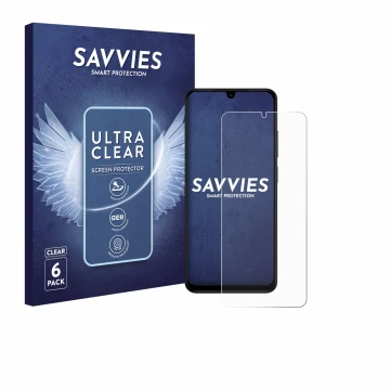 Vorderseite einer Produktverpackung mit dem Markenlogo Savvies. Daneben ist das Gerät Xiaomi Redmi A5 mit dem zugehörigen Disp