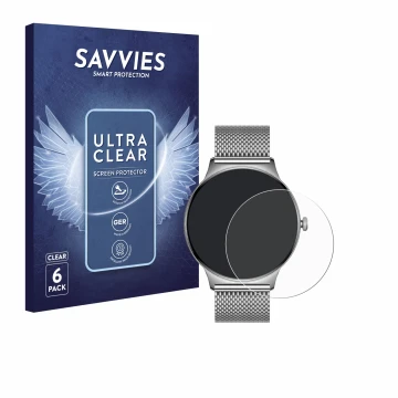 Vorderseite einer Produktverpackung mit dem Markenlogo Savvies. Daneben ist das Gerät Pireware Slim Smartwatch mit dem zugehör