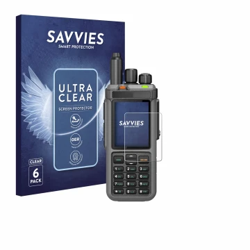 Vorderseite einer Produktverpackung mit dem Markenlogo Savvies. Daneben ist das Gerät Radtel RT-880 mit dem zugehörigen Displa