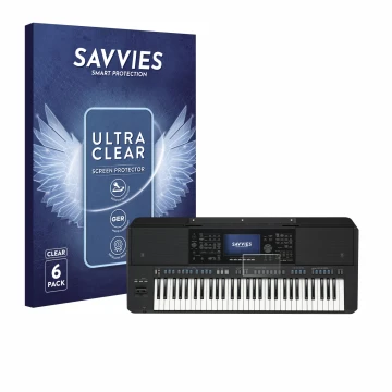Vorderseite einer Produktverpackung mit dem Markenlogo Savvies. Daneben ist das Gerät Yamaha PSR-SX720 mit dem zugehörigen Dis
