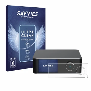 Vorderseite einer Produktverpackung mit dem Markenlogo Savvies. Daneben ist das Gerät WiiM Ultra mit dem zugehörigen Displaysc