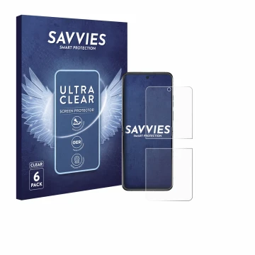 Vorderseite einer Produktverpackung mit dem Markenlogo Savvies. Daneben ist das Gerät Motorola Razr 60 mit dem zugehörigen Dis