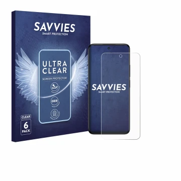 Vorderseite einer Produktverpackung mit dem Markenlogo Savvies. Daneben ist das Gerät TCL 60 5G mit dem zugehörigen Displaysch