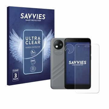 Vorderseite einer Produktverpackung mit dem Markenlogo Savvies. Daneben ist das Gerät ZTE Blade A35 lite (Display+Kamera) mit 