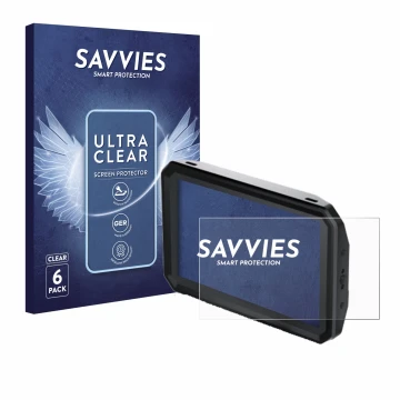 Vorderseite einer Produktverpackung mit dem Markenlogo Savvies. Daneben ist das Gerät Blackmagic Design Pyxis Monitor 5