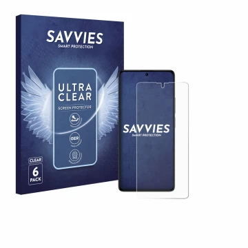 Vorderseite einer Produktverpackung mit dem Markenlogo Savvies. Daneben ist das Gerät Xiaomi Poco M6 Pro 4G mit dem zugehörige