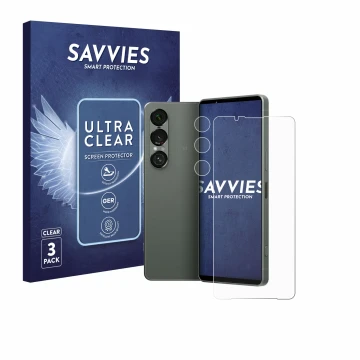 Vorderseite einer Produktverpackung mit dem Markenlogo Savvies. Daneben ist das Gerät Sony Xperia 1 VII (Display+Kamera) mit d