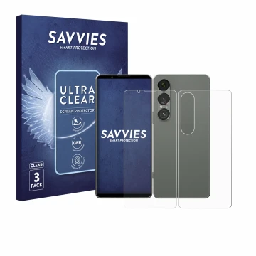 Vorderseite einer Produktverpackung mit dem Markenlogo Savvies. Daneben ist das Gerät Sony Xperia 1 VII (Display+Rückseite) mi
