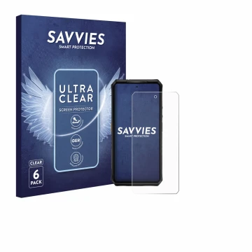 Vorderseite einer Produktverpackung mit dem Markenlogo Savvies. Daneben ist das Gerät Ulefone Armor 28 Pro mit dem zugehörigen