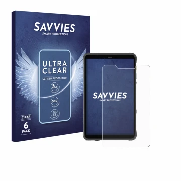 Vorderseite einer Produktverpackung mit dem Markenlogo Savvies. Daneben ist das Gerät Ulefone Armor Pad Pro mit dem zugehörige